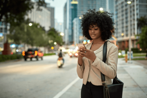 African-American Businesswoman Outdoors in Downtown Miami.